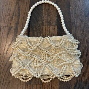 Vintage Style Pearl Beaded Evening Bag Bridal Wedding Statement Purse Scalloped